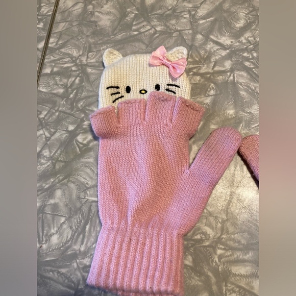 Hello Kitty Knit Gloves, fingerless flip-top pink and white gloves - Picture 3 of 11
